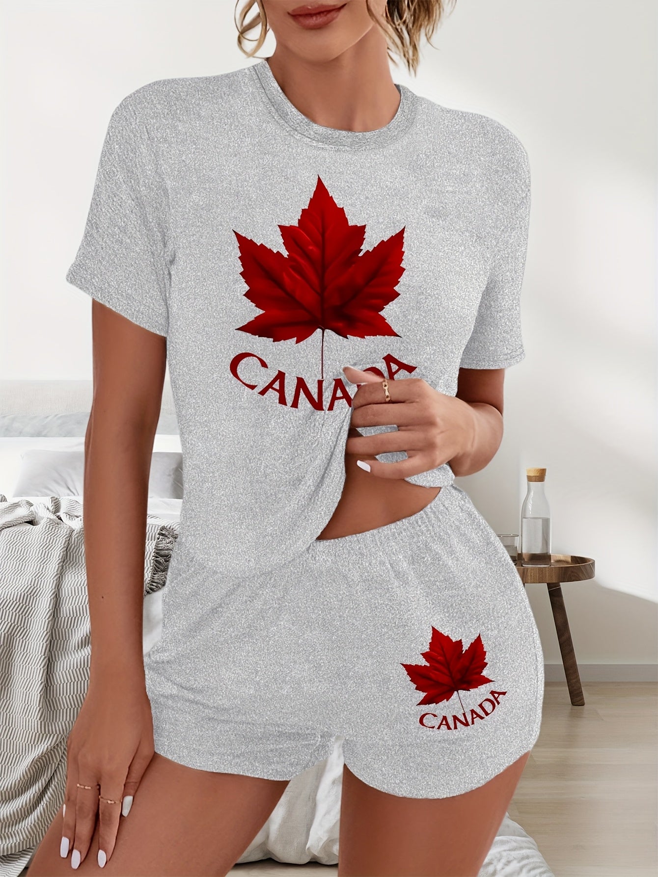Women'S Casual Polyester Two-Piece Set with Canadian Maple Leaf Print, Crew Neck Short Sleeve Tee and Shorts, Knit Fabric, All-Season Wear